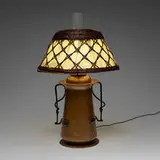 Rare table lamp, model 294 by Gustav Stickley, c. 1910, handwrought copper, iron, glass, original split bamboo and silk shade, sold Oct 2024
