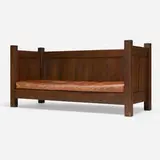 Paneled even-arm settle, model 775 by L. & J.G. Stickley from the Onondaga Shops, c. 1906, oak, leather upholstery, sold Oct 2024
