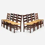 Ladderback chairs model 306, set of eight by Gustav Stickley, oak, rush, sold Oct 2024