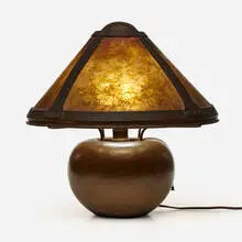 Bean Pot table lamp by Dirk Van Erp, c. 1930, handwrought copper, mica, sold Oct 2024