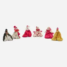 Roycroft, Collection of six Rare beanbag dolls, c. 1910, fabric, felt, cotton, magic beans, printed paper