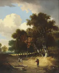 John Berney Crome, Untitled, John Berney Crome (1794-1842) A wooded landscape with figures oil on panel 42 x 35cm