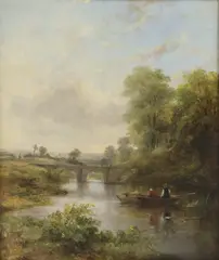 Untitled by Frederick William Watts, a bridge and village beyond oil on canvas 53 x 44cm Provenance: Foxcote House, sold Dec 2020