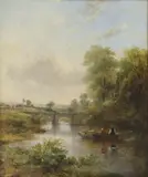 Frederick William Watts, Untitled, a bridge and village beyond oil on canvas 53 x 44cm Provenance: Foxcote House