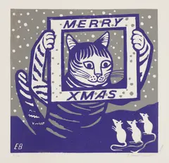 Untitled by Edward Bawden, Edward Bawden RA (1903-1989) 'Merry Xmas' - cat and three mice linocut, sold Oct 2020