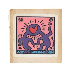 Untitled (Wedding Invitation) (Littmann p. 92) by Keith Haring, 1988, Screenprint in colors on canvas, unnumbered, Littman cites an edition of 20 (other examples are from an edition of 125), sold Feb 2026