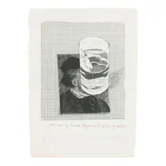 Postcard of Richard Wagner with a Glass of Water, from 18 Small Prints (SAC 154) by David Hockney, 1973, Etching with aquatint in colors on wove paper, sold Feb 2026