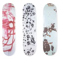 Christopher Wool, A Group of 3 Skateboards, 2008, Three screenprints in colors on skateboard decks, each with artist's printed signature