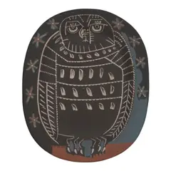 Hibou mat (Ramié 284) by Pablo Picasso, 1955, Partially glazed white earthenware clay rectangular dish, painted in black, white and blue, sold Feb 2026