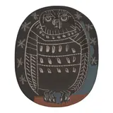 Hibou mat (Ramié 284) by Pablo Picasso, 1955, Partially glazed white earthenware clay rectangular dish, painted in black, white and blue, sold Feb 2026