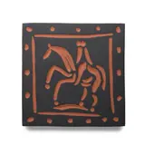 Pablo Picasso, Cavalier et Cheval (Ramié 593), 1968, Red earthenware clay plaque printed in black with engobe pad