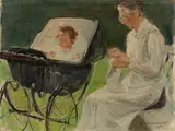 Max Liebermann, Die Enkelin des Künstlers mit ihrer Kinderfrau im Wannseegarten, 1918, Öl auf Leinwand