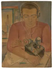Max Radler, Mann am Radio, 1929, Aquarell über Bleistift auf Papier auf Pappe
