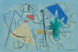 Willi Baumeister, Auf Hellblau, 1949, Öl mit Kunstharz auf Karton