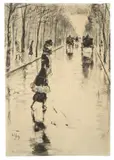 Lesser Ury, Straßenszene im Berliner Tiergarten mit Dame, 1915, Kohle, gewischt, Tusche und Farbstift in Braun auf Papier