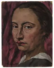 Lotte Laserstein, Selbstportrait vor rotem Vorhang, Um 1924, Öl auf Pappe