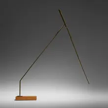 One Fixed One Moving Line Spread by George Rickey, 1984, silicon bronze, wood, sold Mar 2023