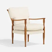 Armchair by Josef Frank, 1937, bleached mahogany, wool, sold Mar 2023