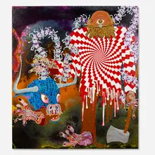 Aaron Johnson, Paul Bunyan, 2005, acrylic and collage on synthetic mesh