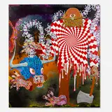 Aaron Johnson, Paul Bunyan, 2005, acrylic and collage on synthetic mesh