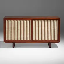 Cabinet by New Hope Modern, c. 1970, walnut, pandanus cloth, sold Mar 2023
