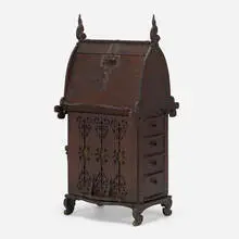 Charles Rohlfs, Rare and Important revolving desk, model 500, c. 1898, oak, wrought iron, burlap