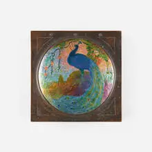 Frank J. Marshall, Fine and Rare lidded box with peacock and landscape, c. 1910, copper, enamel