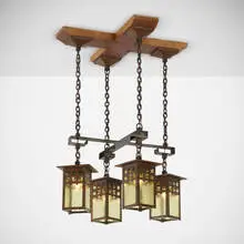Gustav Stickley, Rare four-light chandelier, model 670, c. 1905, handwrought copper, hammered glass, wrought iron, oak