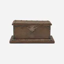 Joseph Heinrichs, Humidor with overlay and rivets, c. 1910, handwrought copper, silver, oak, cedar