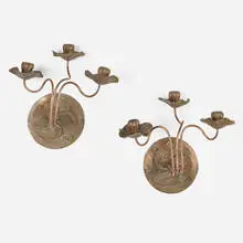 Jessie Preston, Three-light sconces, pair, c. 1905, patinated bronze, copper