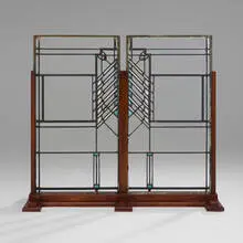 Frank Lloyd Wright, Windows from the Oscar M. and Katherine B. Steffens House, Chicago, pair, c. 1909, leaded clear and tinted glass, copper-plated zinc