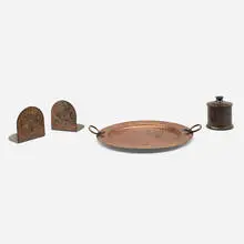 Roycroft, Collection of four tabletop accessories, c. 1912, handwrought copper, brass-washed copper, nickel plate