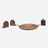 Roycroft, Collection of four tabletop accessories, c. 1912, handwrought copper, brass-washed copper, nickel plate
