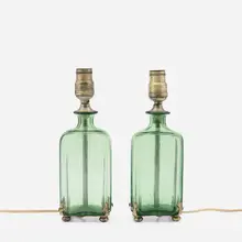 Roycroft, Bottle-form table lamp bases from the Roycroft Inn, East Aurora, pair, c. 1920, teal green glass, silver-washed copper
