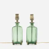 Roycroft, Bottle-form table lamp bases from the Roycroft Inn, East Aurora, pair, c. 1920, teal green glass, silver-washed copper