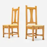Roycroft, Chairs, model 030 from the Roycroft Inn, East Aurora, pair, c. 1906, bird's-eye maple, vinyl upholstery, steel