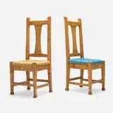 Roycroft, Chairs, model 030 from the Roycroft Inn, East Aurora, pair, c. 1906, bird's-eye maple, vinyl upholstery, steel