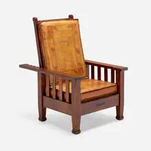 Roycroft, Morris chair, model 43, c. 1906, oak, modeled leather, steel