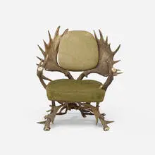 Bavarian, Hunting Lodge lounge chair, antlers, upholstery, brass