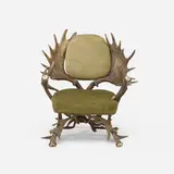Bavarian, Hunting Lodge lounge chair, antlers, upholstery, brass