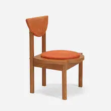 dining chair from the Riverview Terrace Restaurant, Spring Green by Frank Lloyd Wright, 1953, stained oak, upholstery, sold Apr 2017
