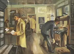 Edward Morgan, Untitled, Edward Morgan (b.1933) The Sorting Office oil on canvas 56 x 76cm .