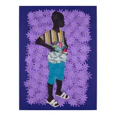 Bestander by Raphael Adjetey Adjei Mayne, 2021, acrylic and sewn T-shirt collage on canvas, sold Feb 2026