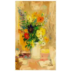 Le Pho, Les Dahlias, oil on silk laid down on board