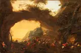 Georg Philipp Rugendas the Elder, Landscape painting depicting a bandit ambush and a carriage, a striking landscape featuring a battle scene unfolding beneath a rocky arch. The dynamic figures