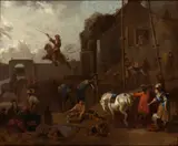 Jan Miel, Village party, oil on canvas depicting a party with circus activity in a village. Flemish school circle of Jan Miel