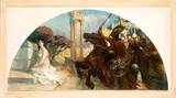 Augusto Stoppoloni, I barbari, The scene depicts a procession of barbarian warriors storming a classical city
