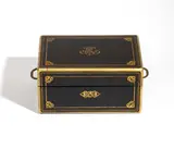 Louis Aucoc, Inlaid travel kit, 1854, a ebonized wooden box with fine brass inlay; the pieces are decorated and surrounded by flowers