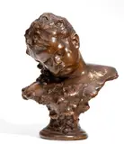 Friedrich Goldscheider, Terracotta bust, Important terracotta sculpture by Friedrich Goldscheider with brown patina depicting a boy with his head bowed