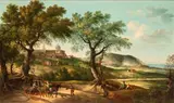 Paolo Anesi, View of Loreto with Monte Conero in the background, carriage, pilgrims, and travellers, This magnificent landscape by Paolo Anesi depicts a rare view of Loreto
